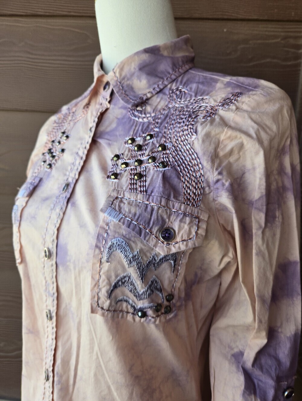 ROAR Women's Western Rhinestone Embellished Embroidered Tie-Dye Button-Up Shirt